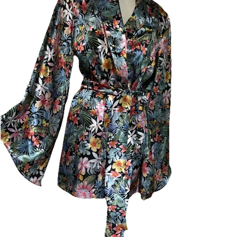 Kimono Robe Hawaiian Lei Palm Floral Multicolor Tie Flowy New Women’s Gift - Picture 1 of 14